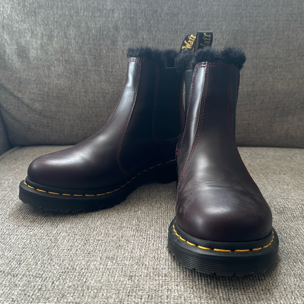 Dr. Martens Burgundy Leather Fur-Lined Chelsea Booties with Yellow Stitching